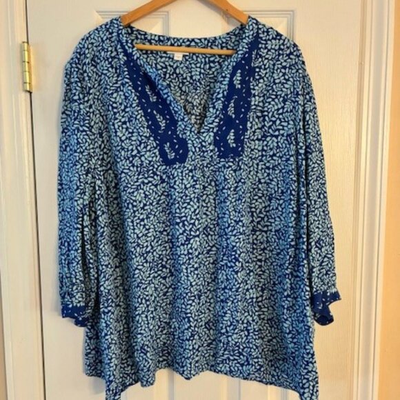 J Jill Women's Plus Blue Floral Flowy Elbow length sleeve Top Blouse Size 3X - Picture 1 of 8